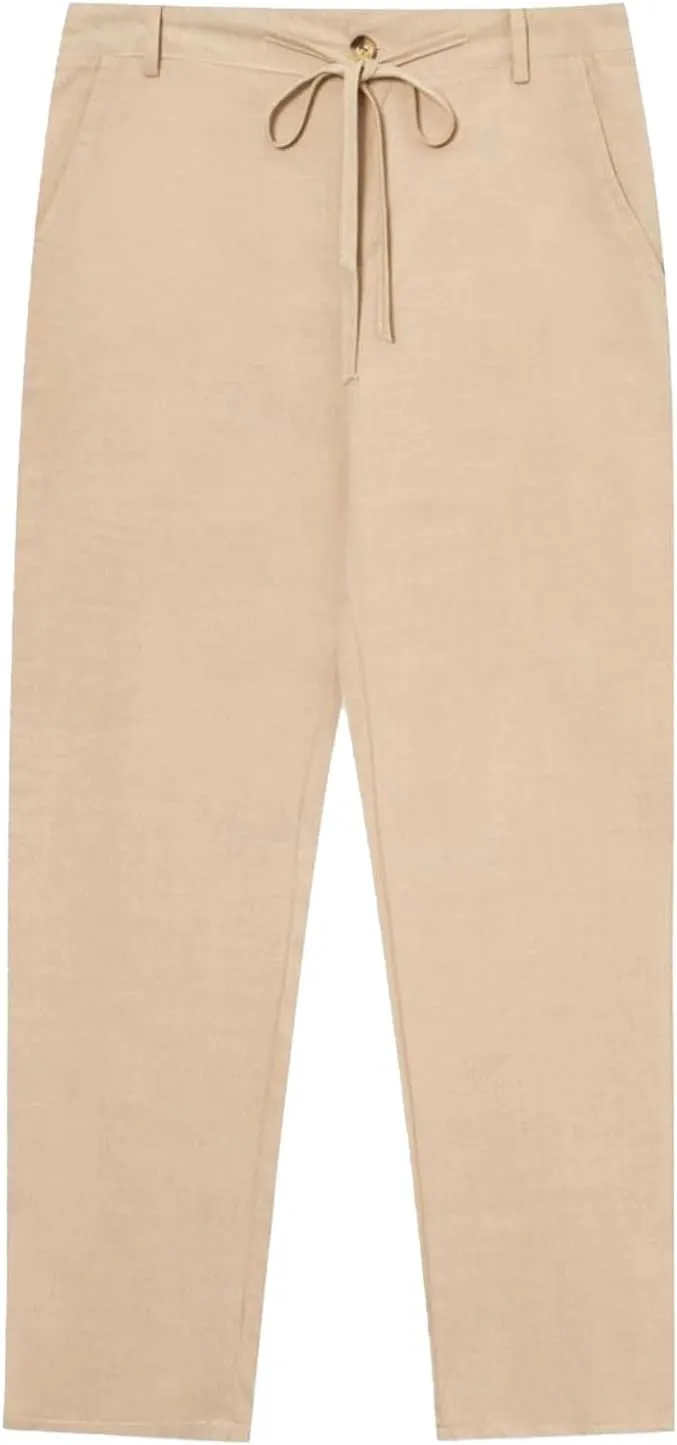 Mens Linen Trousers Button Drawstring Casual Lightweight Breathable Pants Solid Vacation Beach Shorts with Pockets
