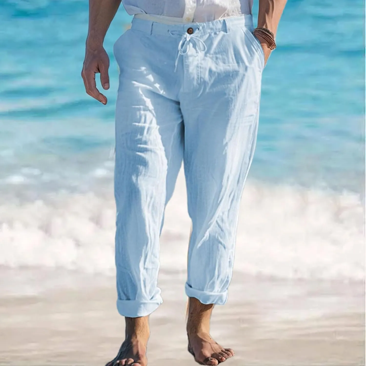Mens Linen Trousers Button Drawstring Casual Lightweight Breathable Pants Solid Vacation Beach Shorts with Pockets