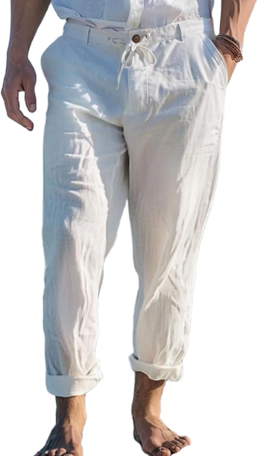 Mens Linen Trousers Button Drawstring Casual Lightweight Breathable Pants Solid Vacation Beach Shorts with Pockets