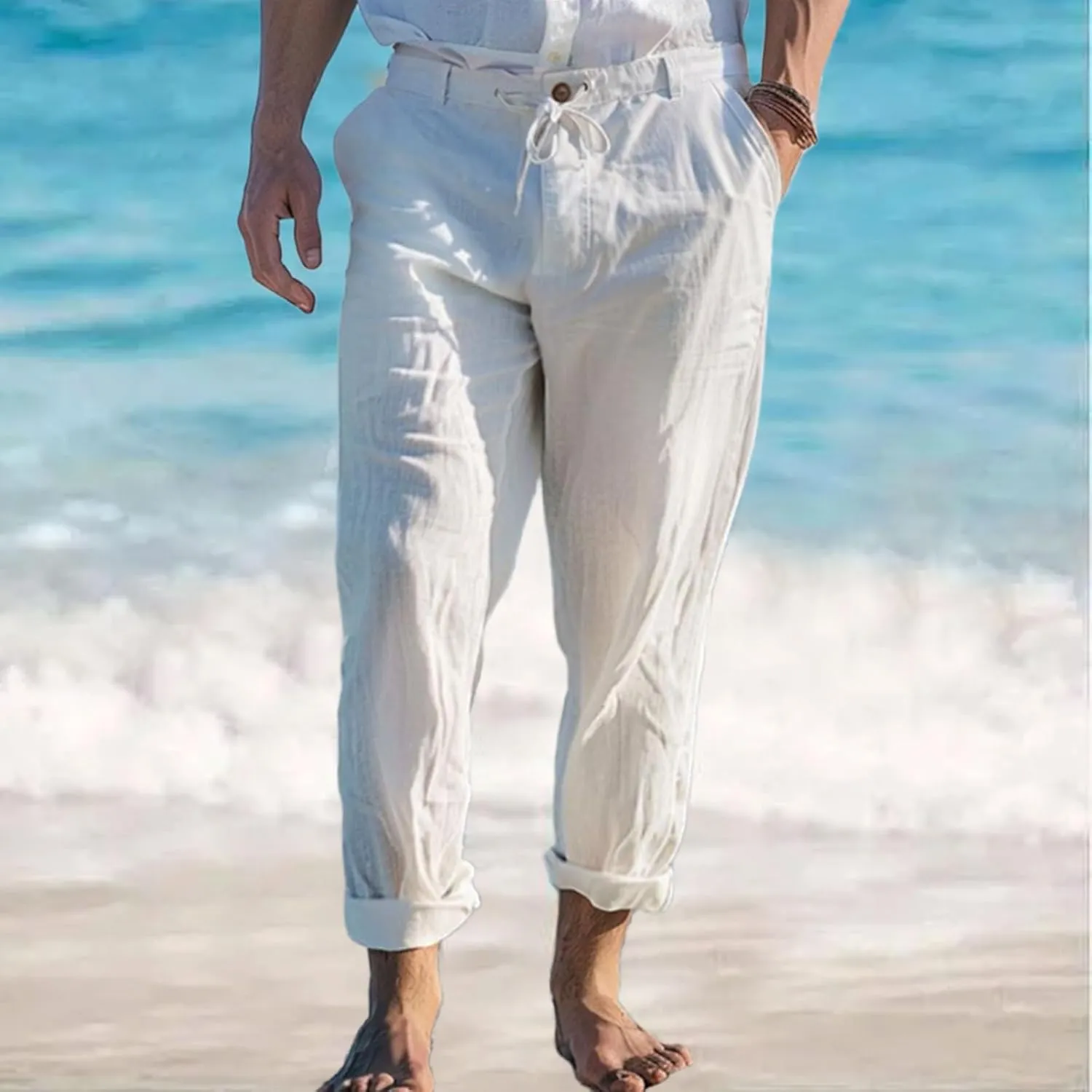 Mens Linen Trousers Button Drawstring Casual Lightweight Breathable Pants Solid Vacation Beach Shorts with Pockets