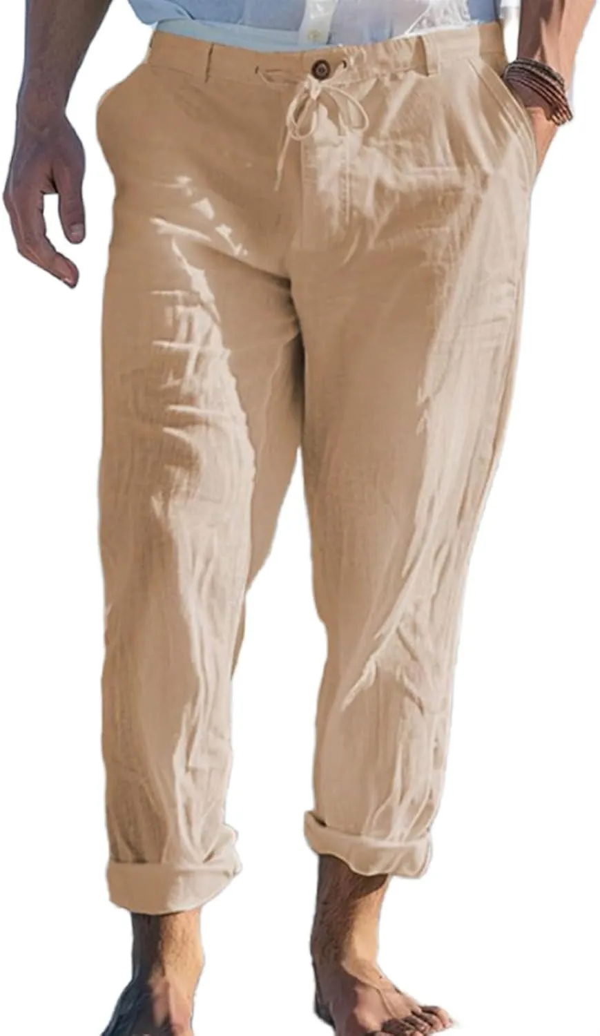 Mens Linen Trousers Button Drawstring Casual Lightweight Breathable Pants Solid Vacation Beach Shorts with Pockets