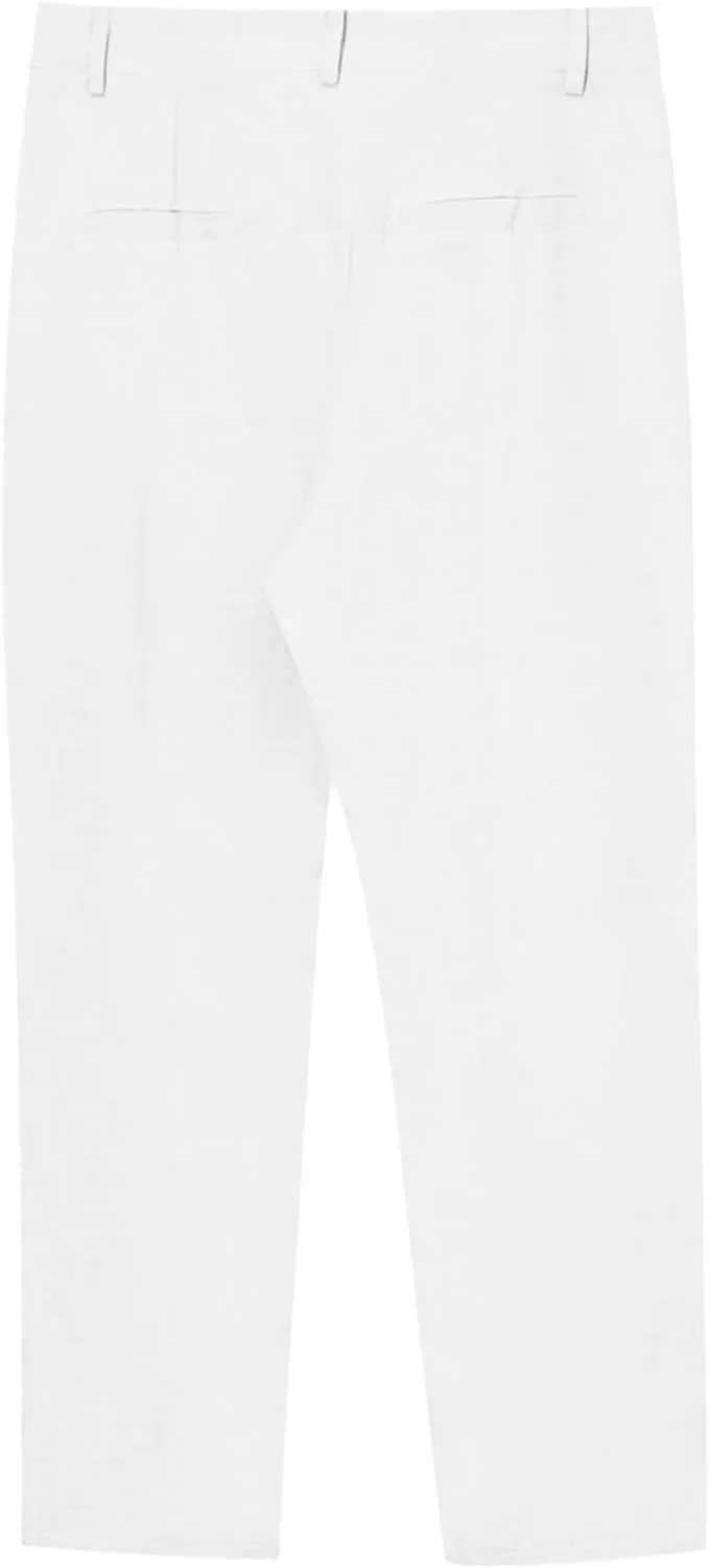 Mens Linen Trousers Button Drawstring Casual Lightweight Breathable Pants Solid Vacation Beach Shorts with Pockets