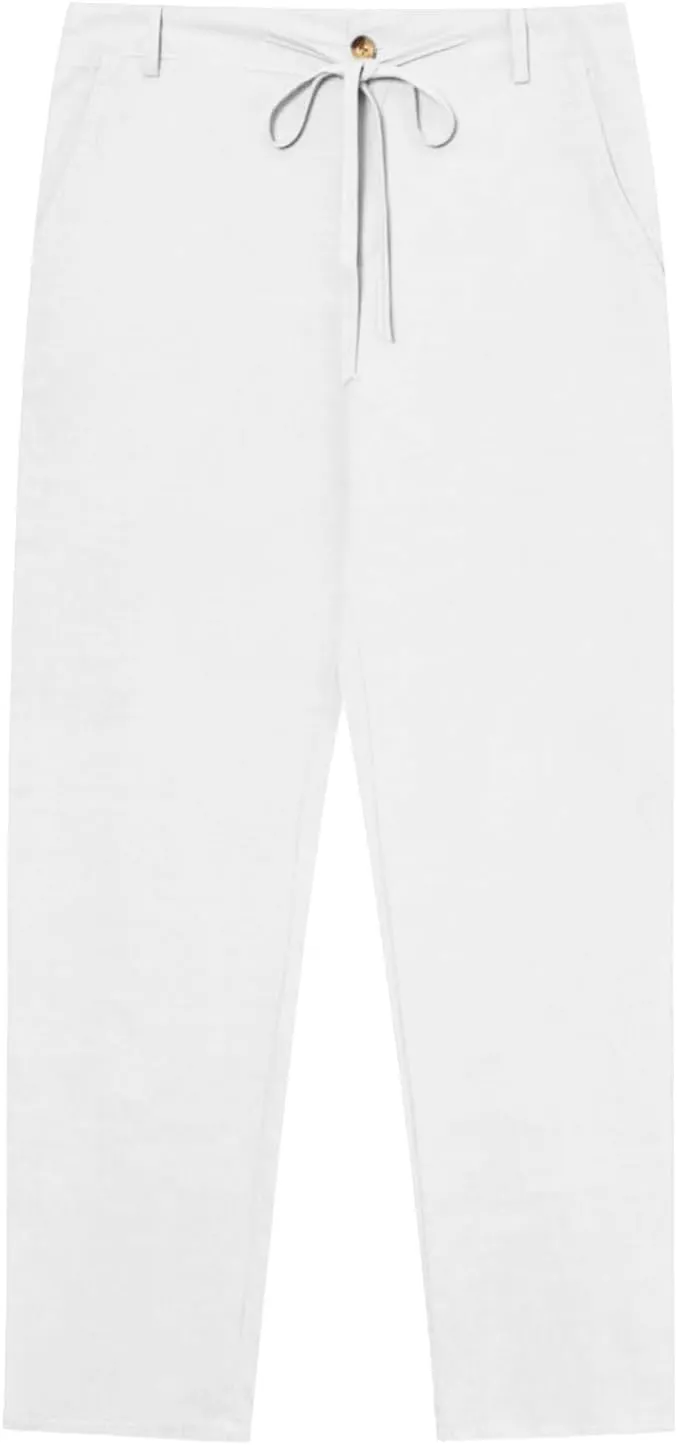 Mens Linen Trousers Button Drawstring Casual Lightweight Breathable Pants Solid Vacation Beach Shorts with Pockets