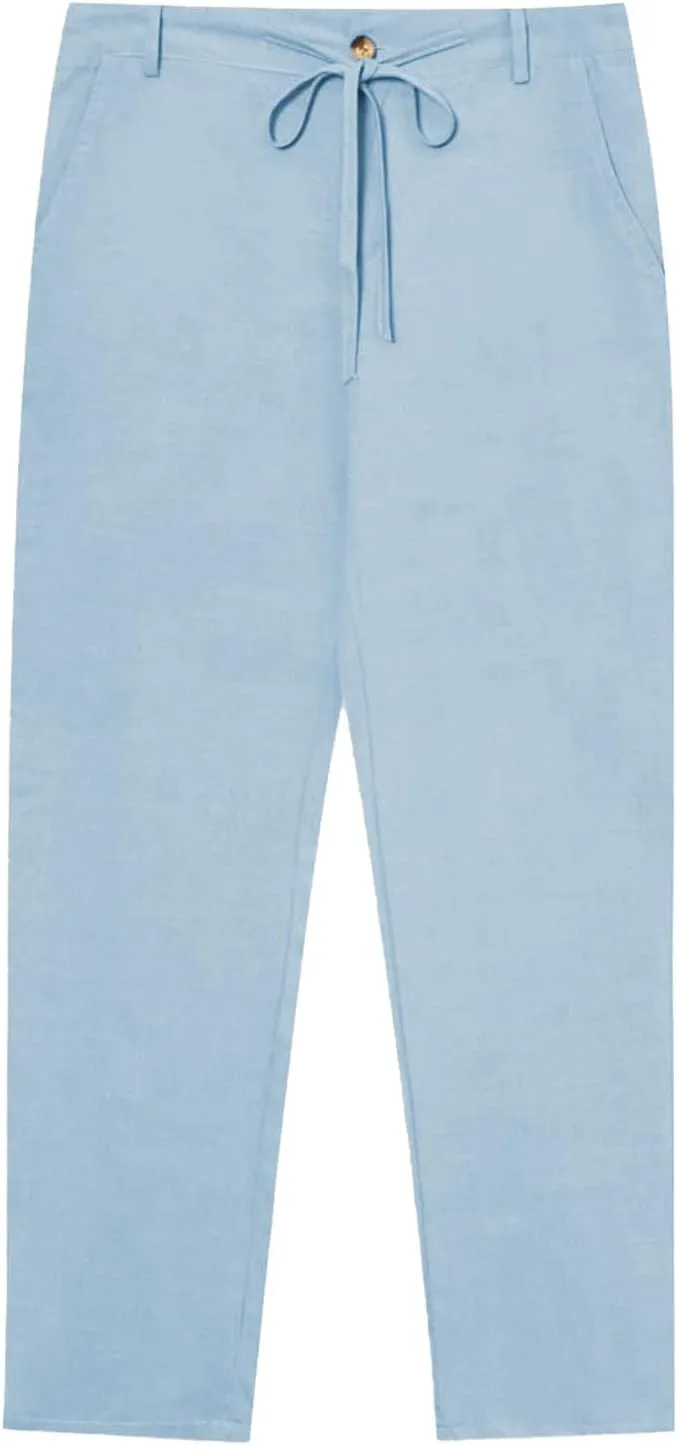 Mens Linen Trousers Button Drawstring Casual Lightweight Breathable Pants Solid Vacation Beach Shorts with Pockets