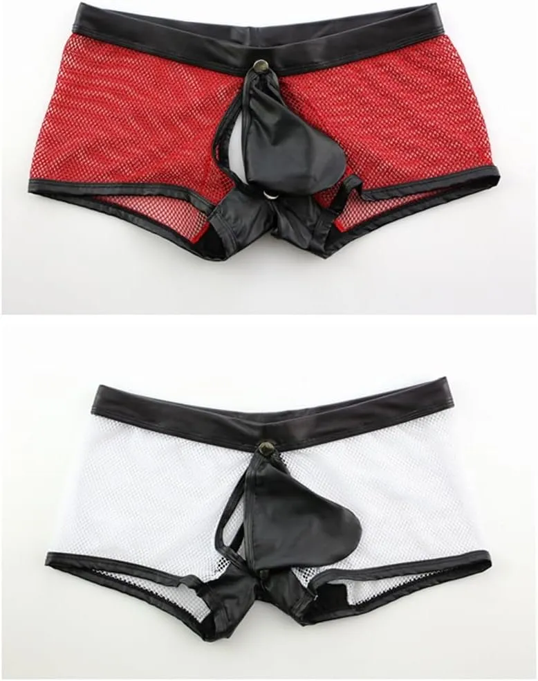 Men's See Through Sexy Mesh With Faux Leather Loose Shorts Pants Erotic Clubwear Breathable Boxer Briefs Trunks