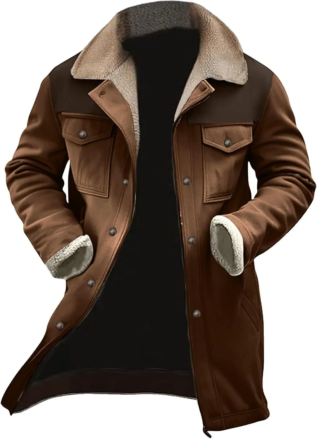 Men'S Thicken Vintage Suede Jackets Faux Leather Jacket Men Zip Up Motorcycle Retro Jacket Coats Plush Collar Coats