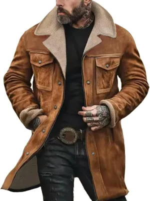 Men'S Thicken Vintage Suede Jackets Faux Leather Jacket Men Zip Up Motorcycle Retro Jacket Coats Plush Collar Coats