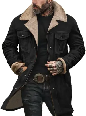 Men'S Thicken Vintage Suede Jackets Faux Leather Jacket Men Zip Up Motorcycle Retro Jacket Coats Plush Collar Coats
