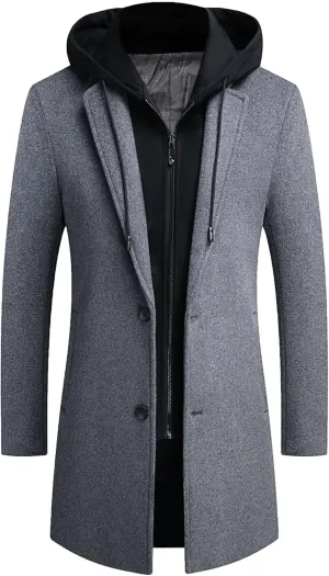 Men's Woollen Long Trench Hoodie Winter Wool Blend Jacket Overcoat Zip Up Top Coat Stylish Warm Pea Coats