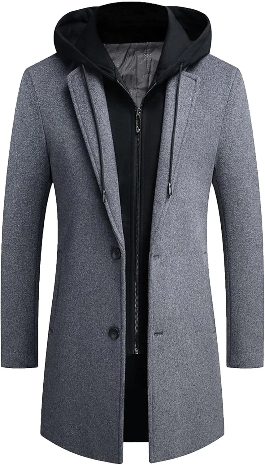 Men's Woollen Long Trench Hoodie Winter Wool Blend Jacket Overcoat Zip Up Top Coat Stylish Warm Pea Coats