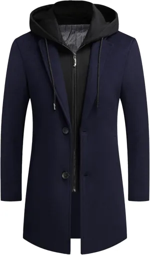 Men's Woollen Long Trench Hoodie Winter Wool Blend Jacket Overcoat Zip Up Top Coat Stylish Warm Pea Coats