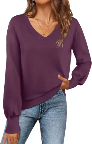 MEROKEETY Women's 2025 Fall Long Sleeve V Neck Tops Casual Lightweight Knit Pullover Sweater Shirts
