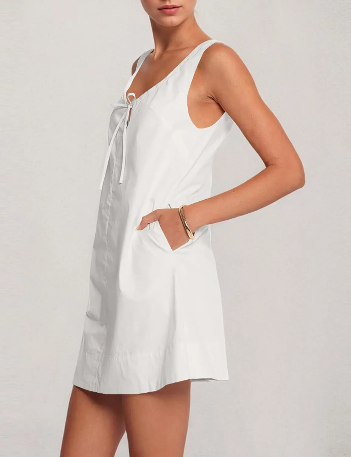 MISSACTIVER Womens Sexy Scoop Neck Summer Mini Dress 2025 Sleeveless Tie Up Back Button Hollow Out Sundress with Pocket