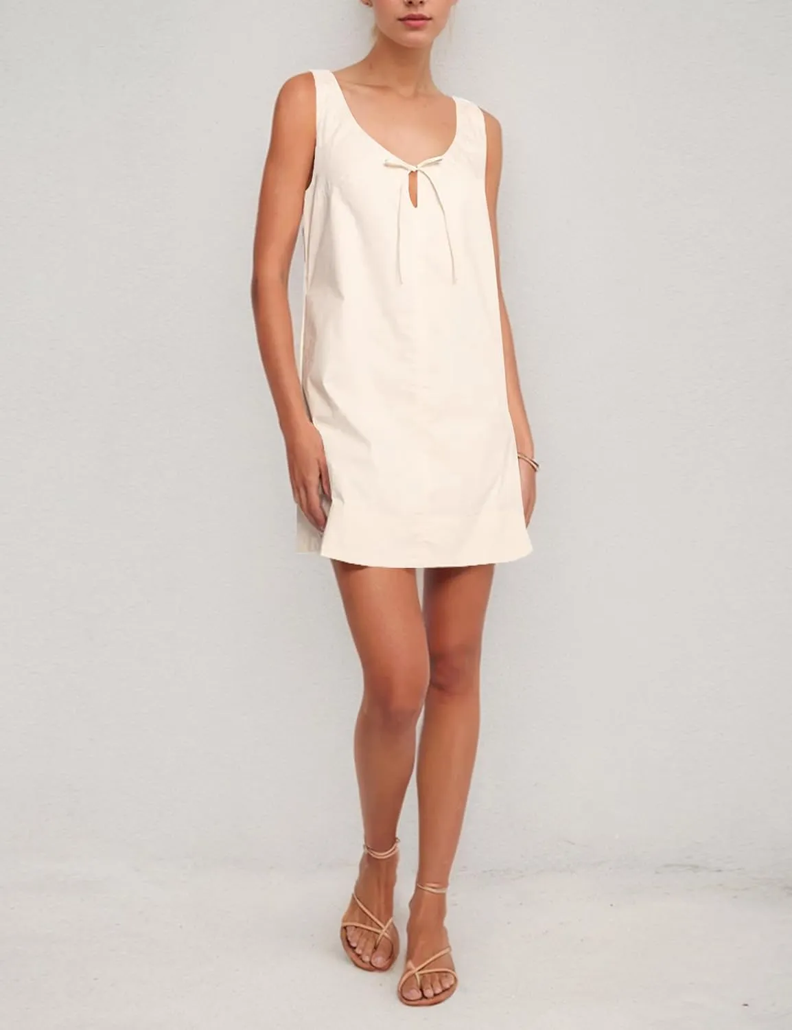 MISSACTIVER Womens Sexy Scoop Neck Summer Mini Dress 2025 Sleeveless Tie Up Back Button Hollow Out Sundress with Pocket