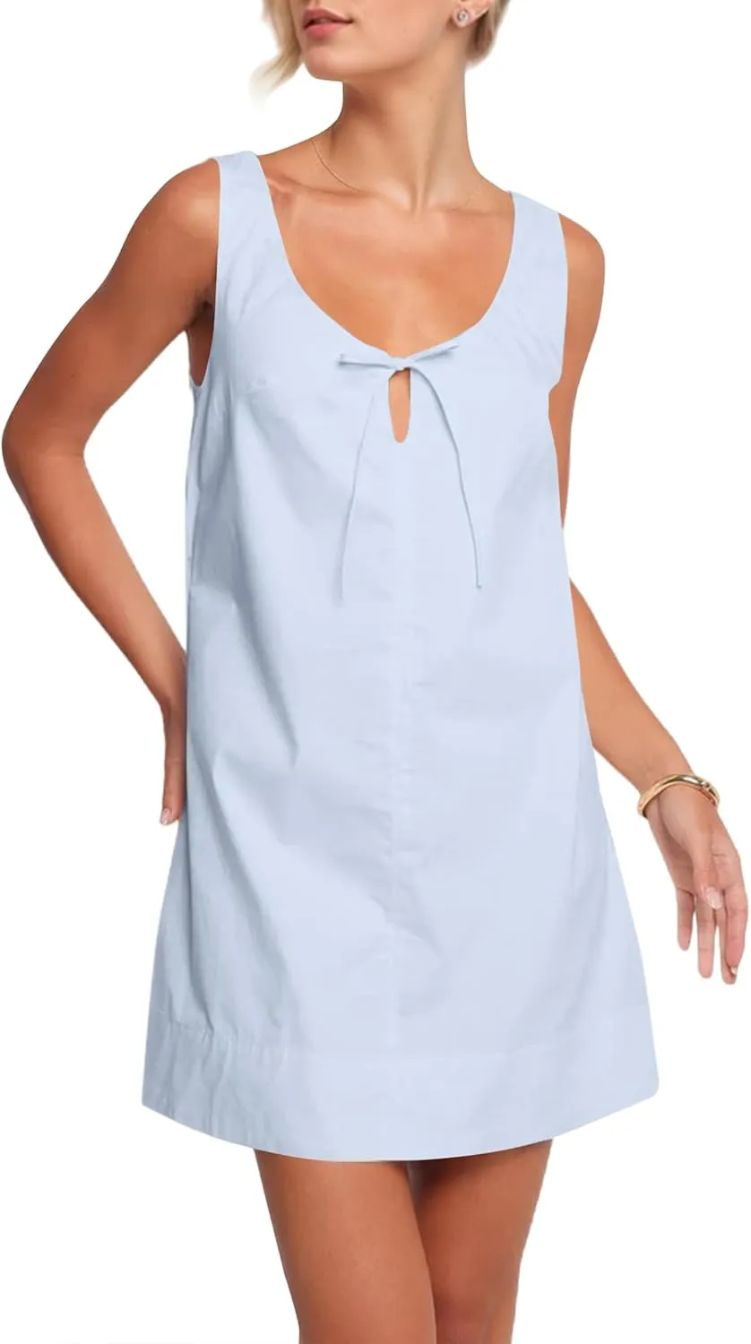 MISSACTIVER Womens Sexy Scoop Neck Summer Mini Dress 2025 Sleeveless Tie Up Back Button Hollow Out Sundress with Pocket