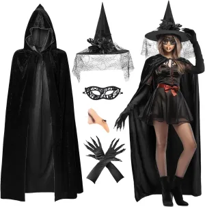 MOVINPE Witch Costume Set for Women Adult Halloween - Witch Hat, Eye Mask, Elbow Gloves, Fake Nose & Cloak