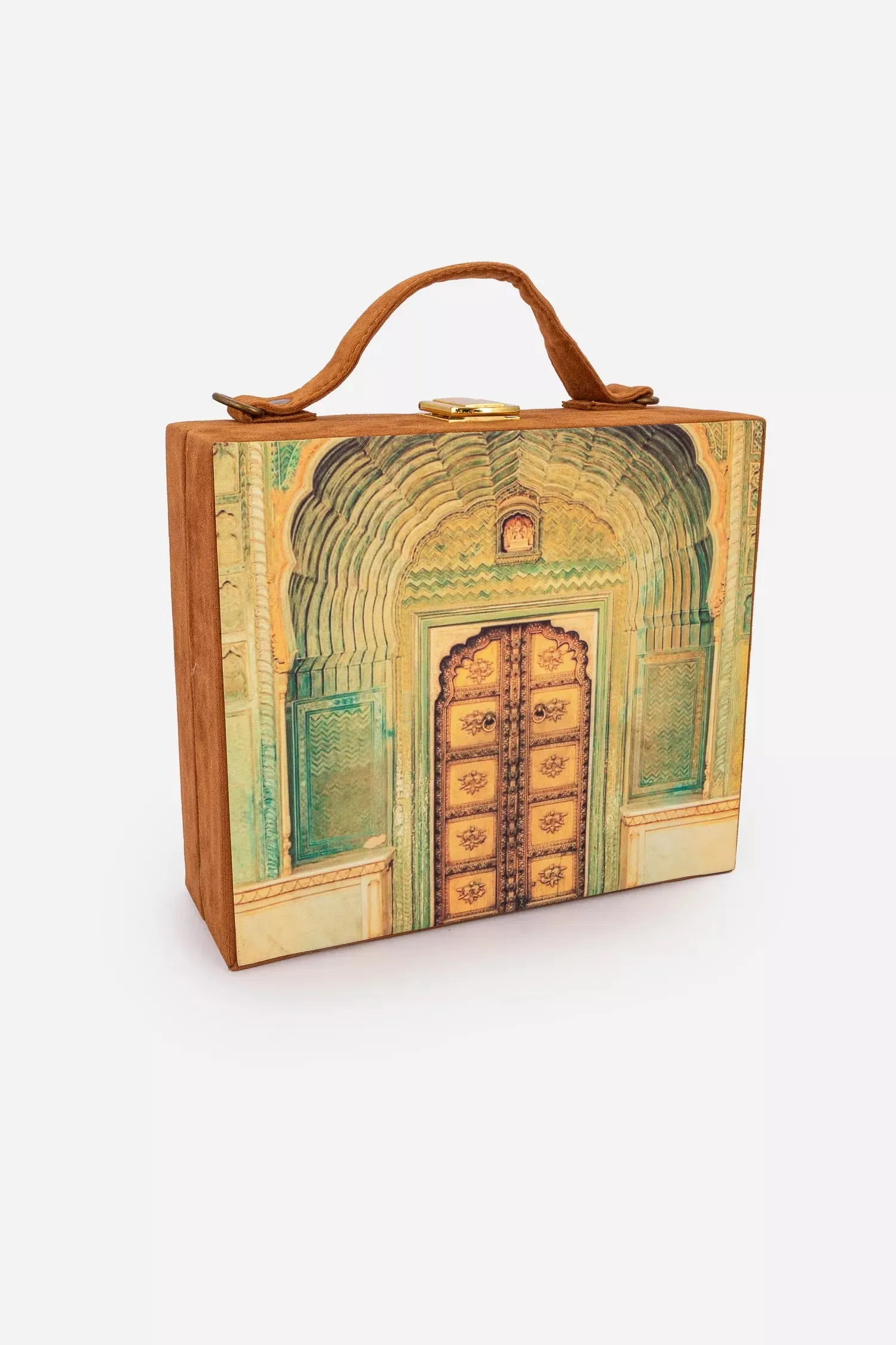 Multicolored Print Brown Suitcase Clutch