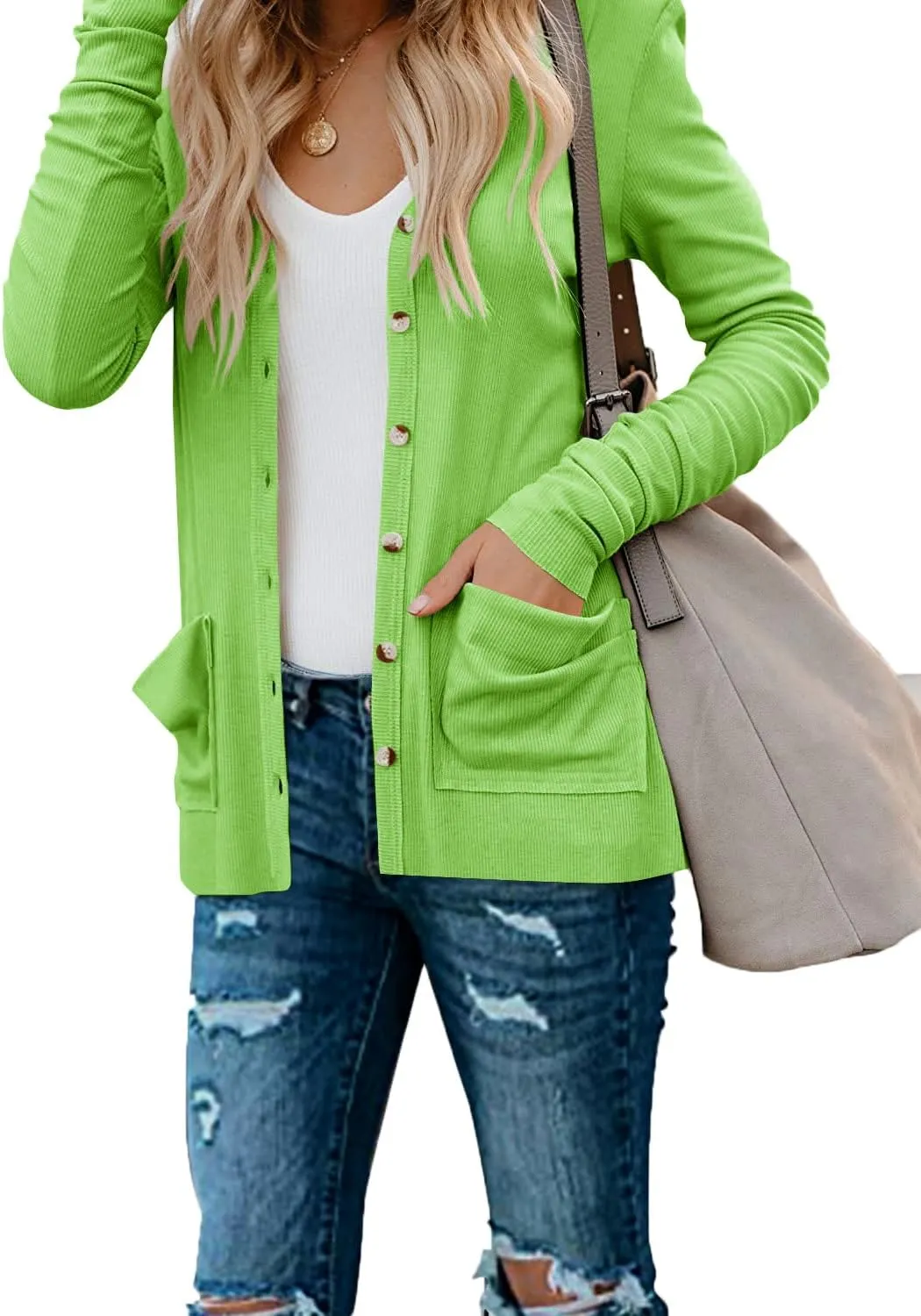 Naggoo Women's Cardigans Button Down Solid Knit Loose Cardigans with Pockets
