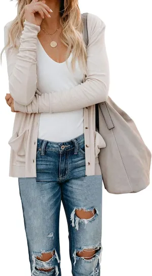Naggoo Women's Cardigans Button Down Solid Knit Loose Cardigans with Pockets