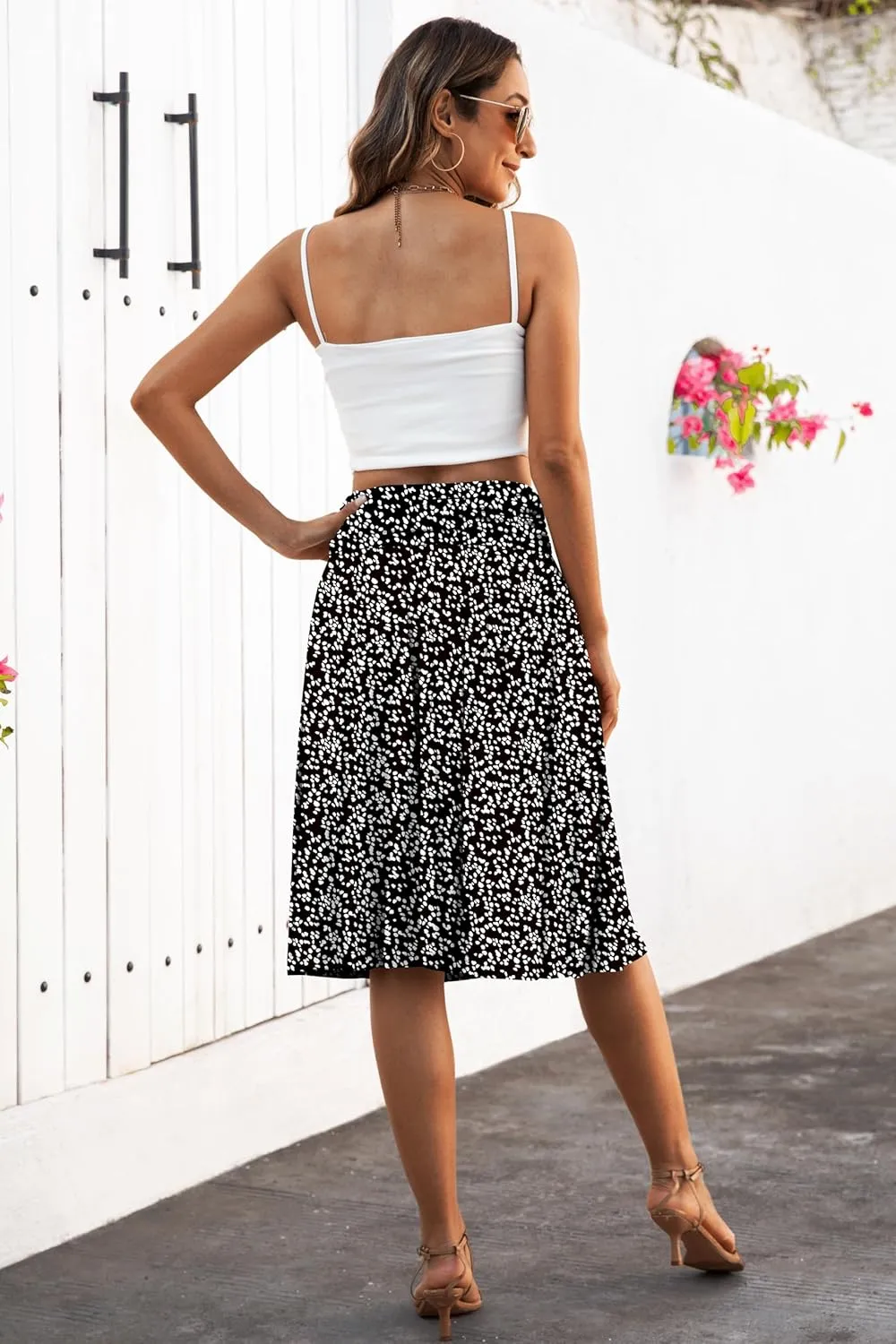 Naggoo Womens Summer Elastic High Waisted Midi Skirts Flowy Aline Knee Length Skirt with Pockets S-XXXL