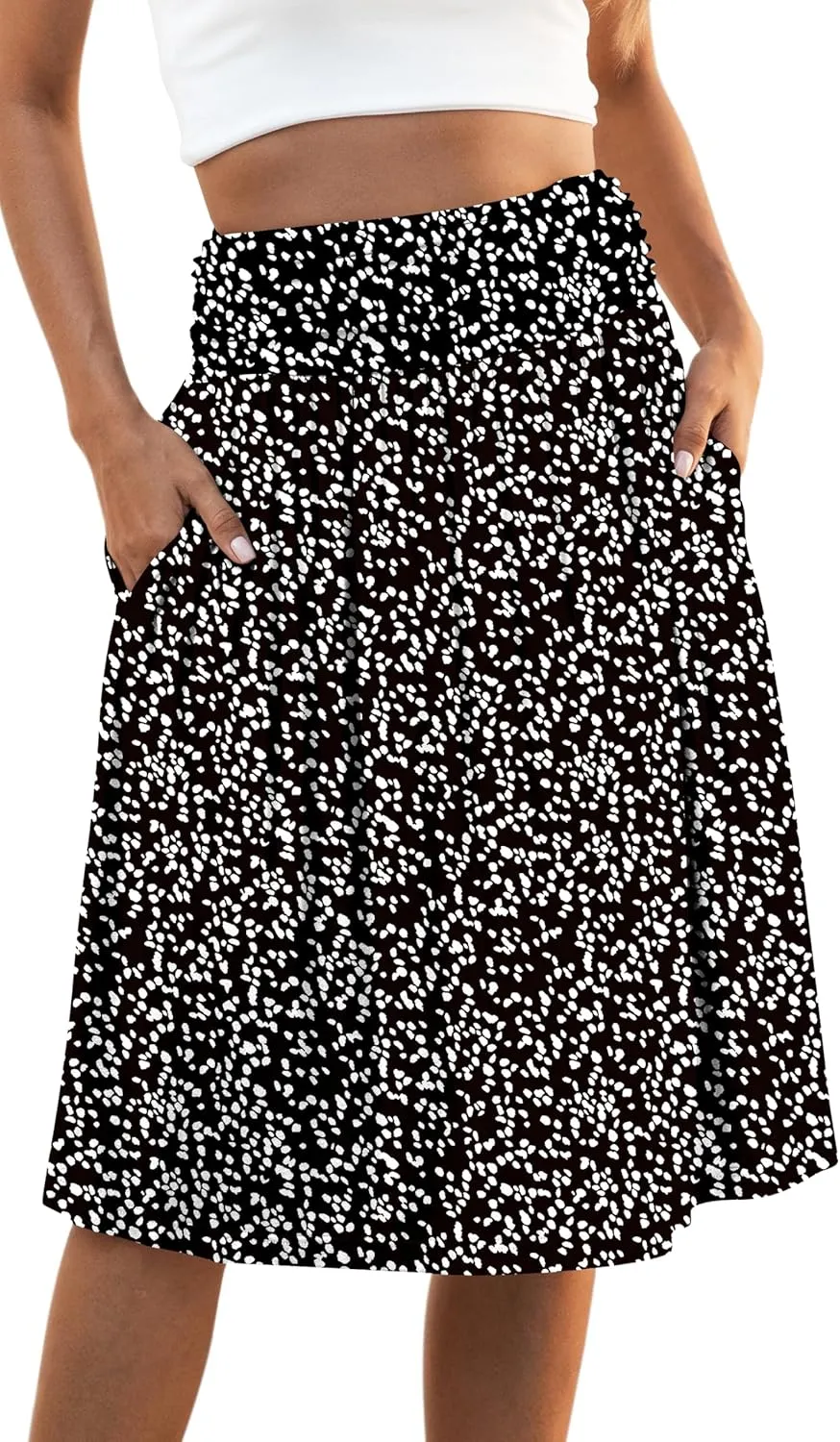 Naggoo Womens Summer Elastic High Waisted Midi Skirts Flowy Aline Knee Length Skirt with Pockets S-XXXL