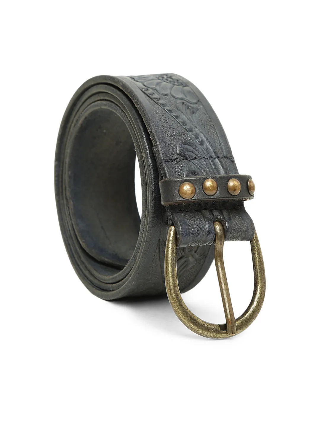 Navy Hand-tooled Design Leather Belt By Art N Vintage