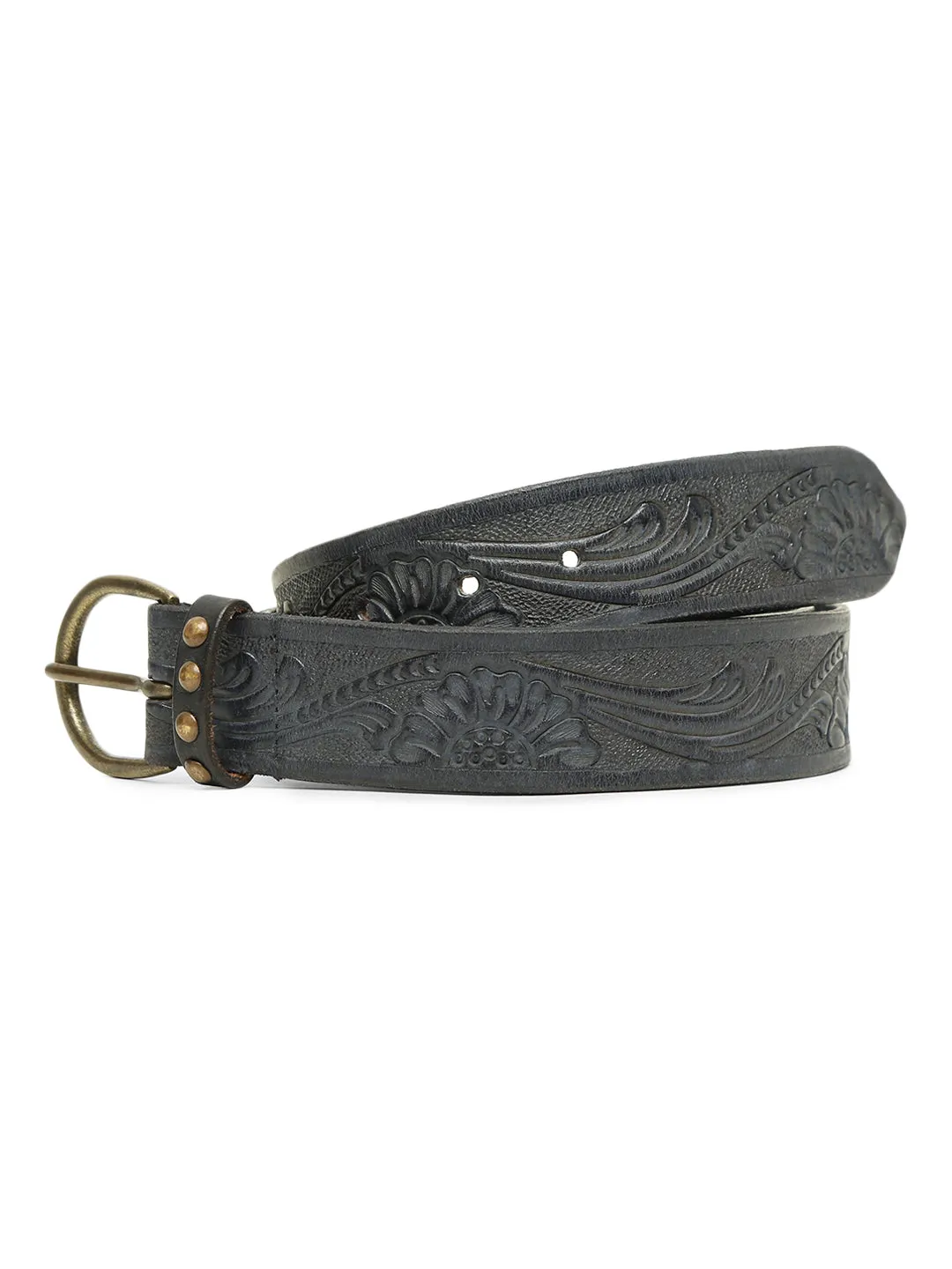 Navy Hand-tooled Design Leather Belt By Art N Vintage