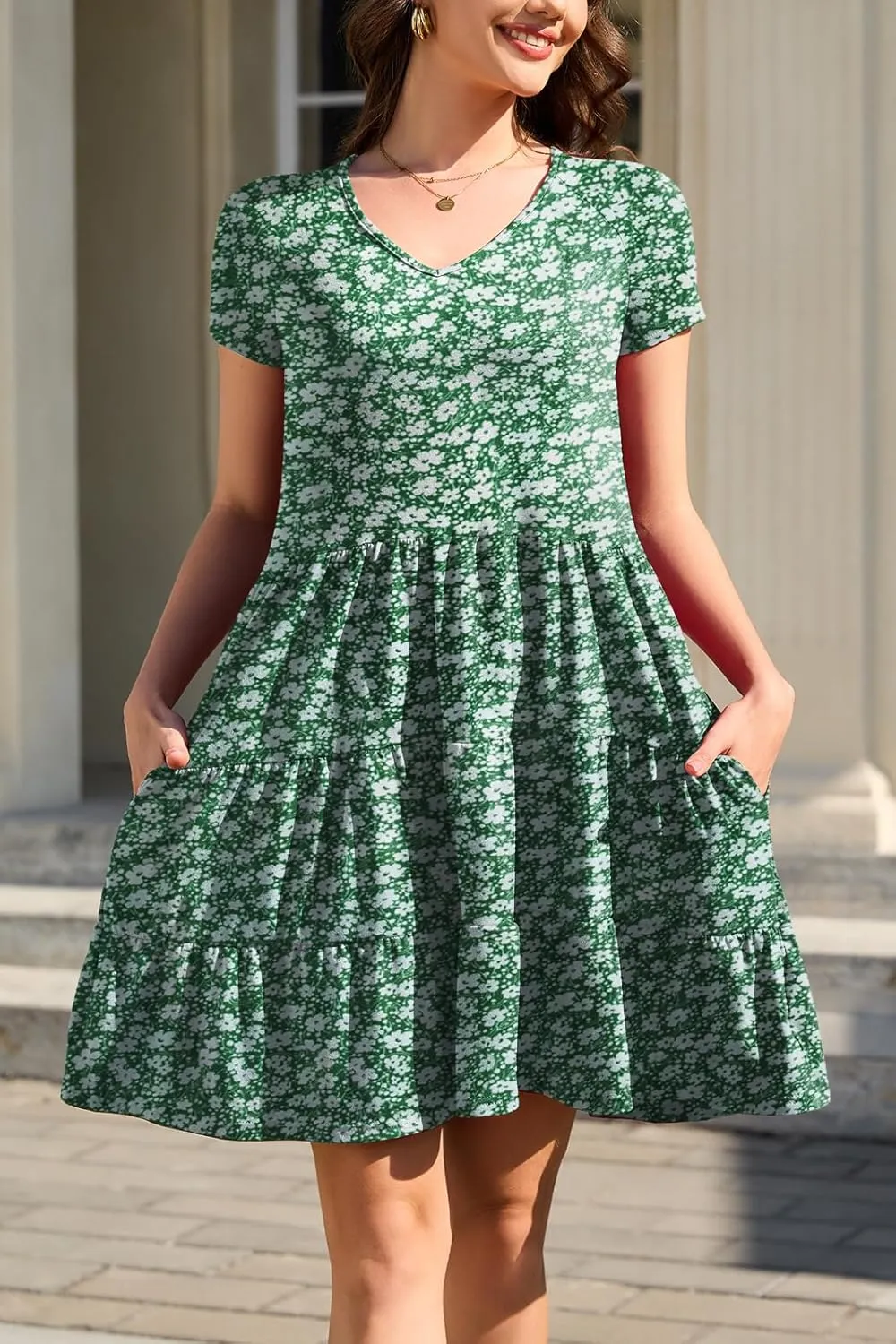 nclook Womens Summer Casual Dress Sweet Cute V Neck Mini Dress with Pocket Short Sleeve