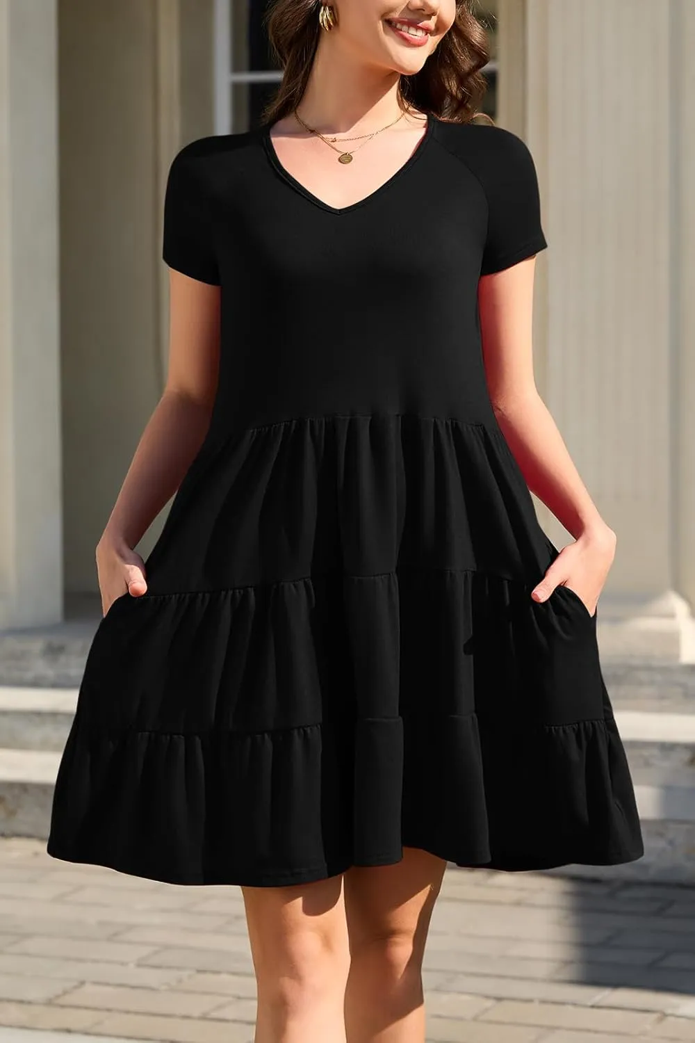 nclook Womens Summer Casual Dress Sweet Cute V Neck Mini Dress with Pocket Short Sleeve