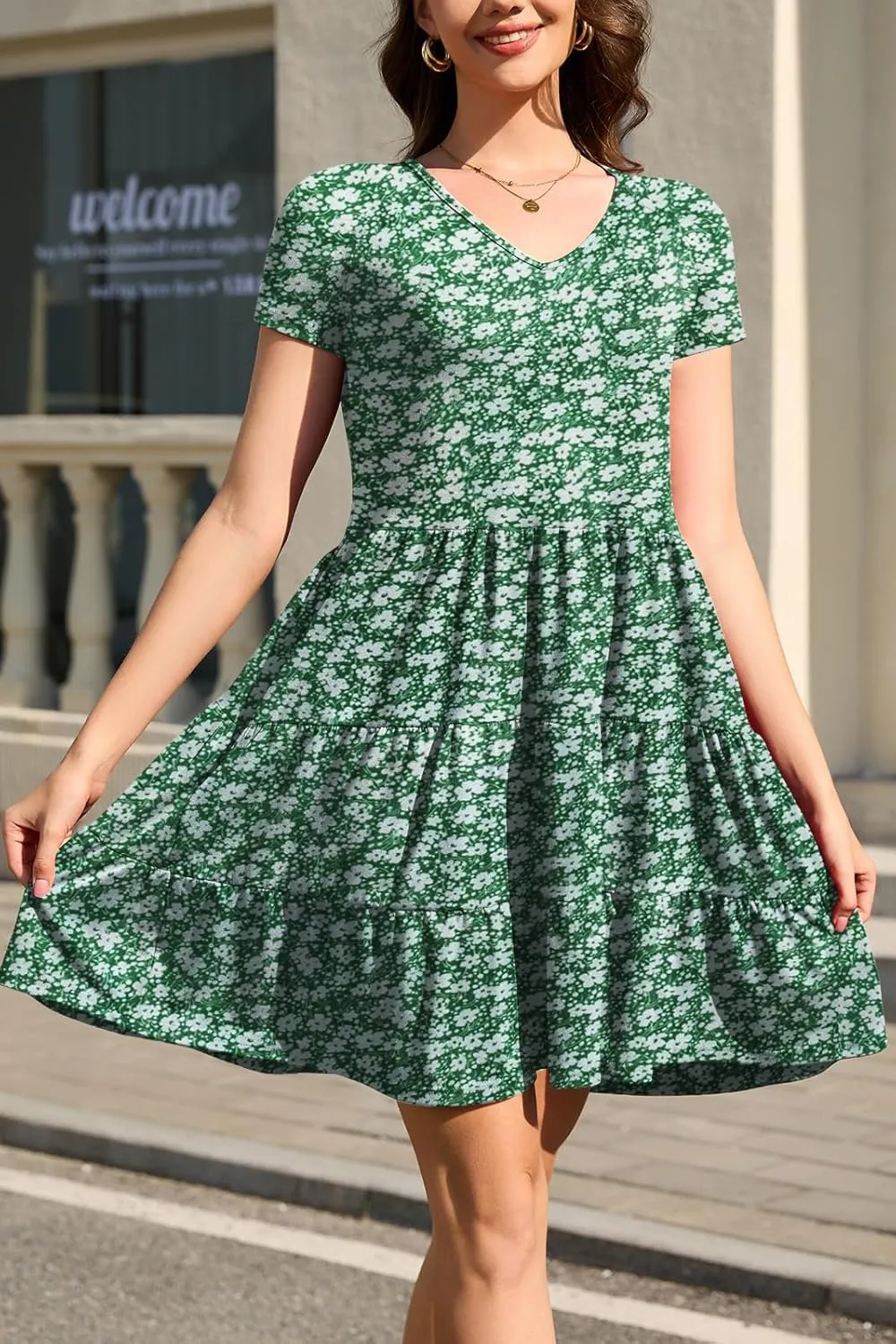 nclook Womens Summer Casual Dress Sweet Cute V Neck Mini Dress with Pocket Short Sleeve