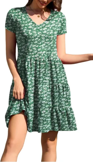 nclook Womens Summer Casual Dress Sweet Cute V Neck Mini Dress with Pocket Short Sleeve