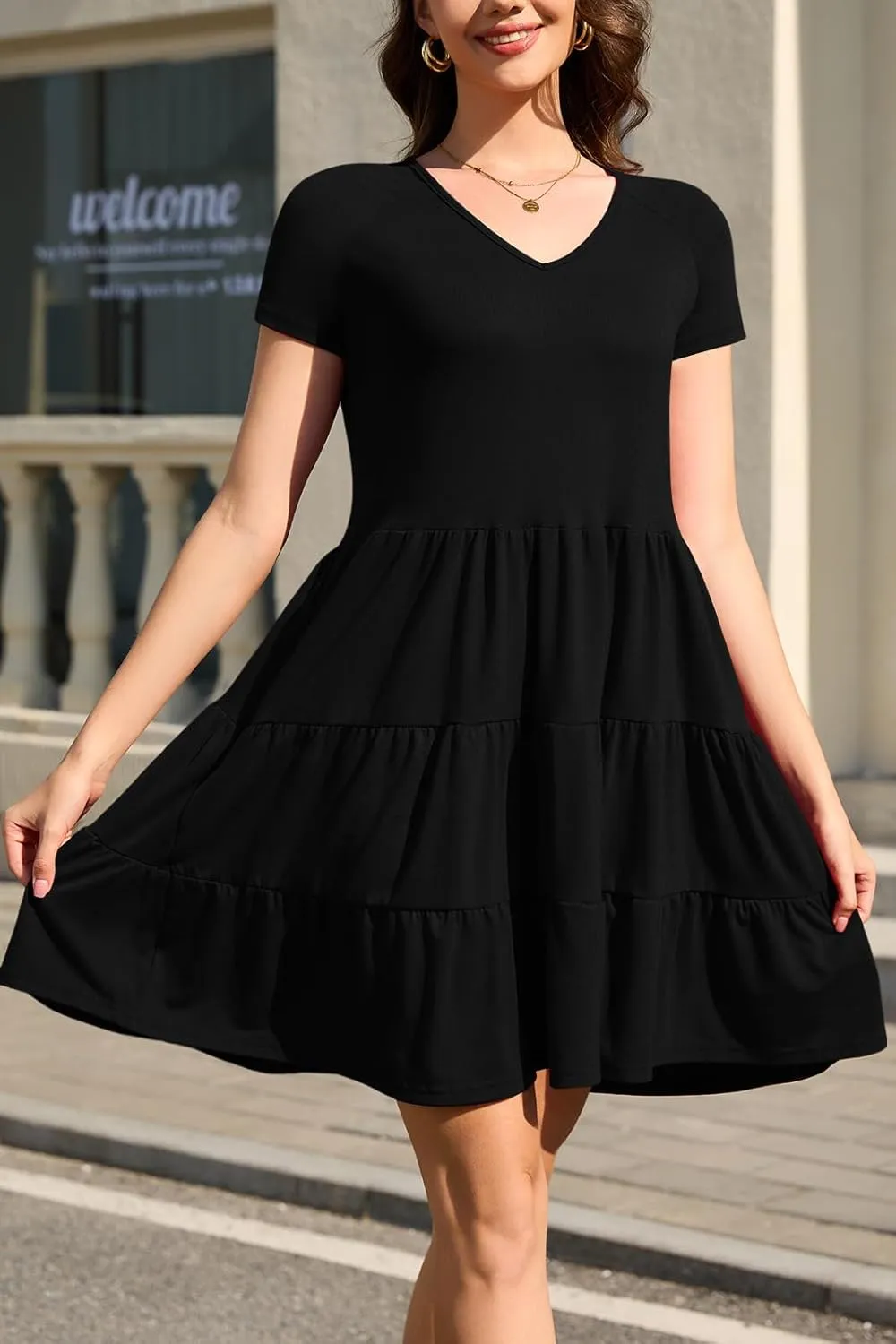 nclook Womens Summer Casual Dress Sweet Cute V Neck Mini Dress with Pocket Short Sleeve