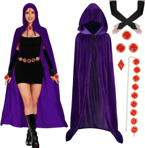 nezababycos Raven Costume Accessories Raven Cape and Belt Velvet Purple Cloak with Hood Halloween Cosplay for Adult Women