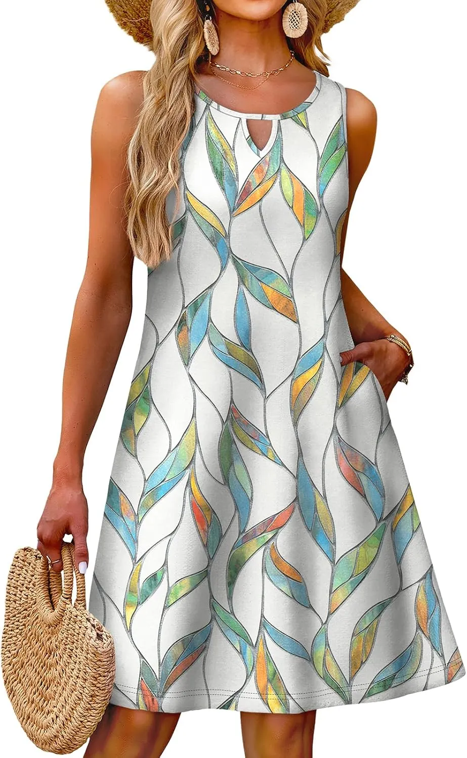 OFEEFAN Summer Dress with Pockets Beach Cover Ups Vacation Dresses Eyelet Boho Floral Print Sundresses