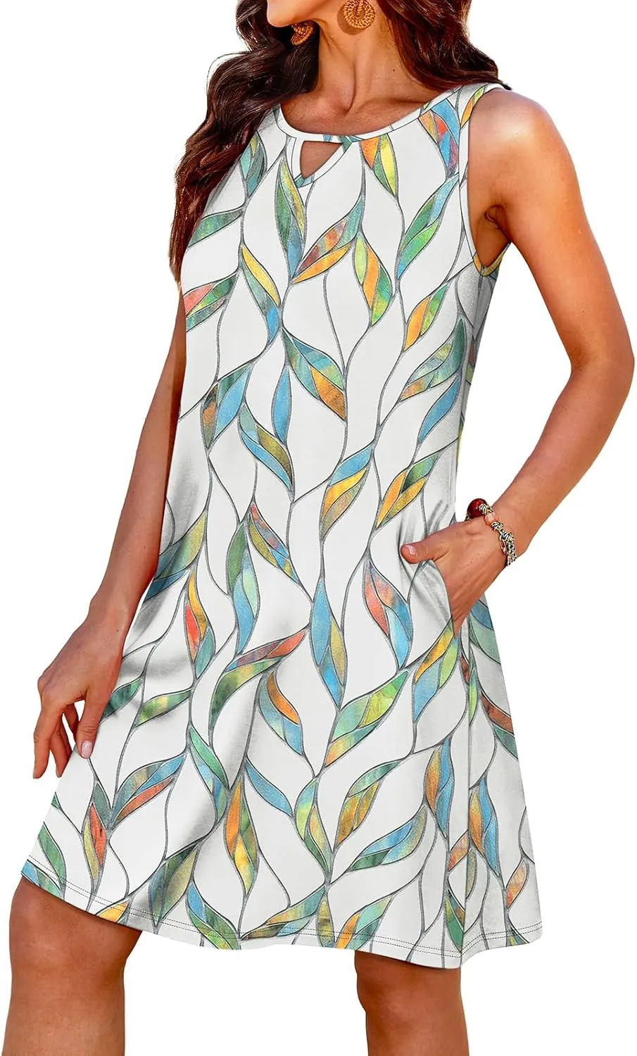 OFEEFAN Summer Dress with Pockets Beach Cover Ups Vacation Dresses Eyelet Boho Floral Print Sundresses