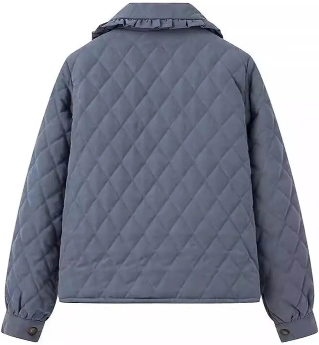 Oplxuo Women's Tie Front Quilted Jackets Cute Ruffle Lapel Cotton Padded Coat Long Sleeve Jacket Winter Puffy Outwear