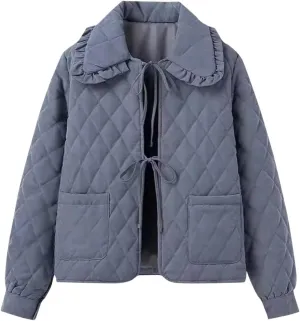 Oplxuo Women's Tie Front Quilted Jackets Cute Ruffle Lapel Cotton Padded Coat Long Sleeve Jacket Winter Puffy Outwear