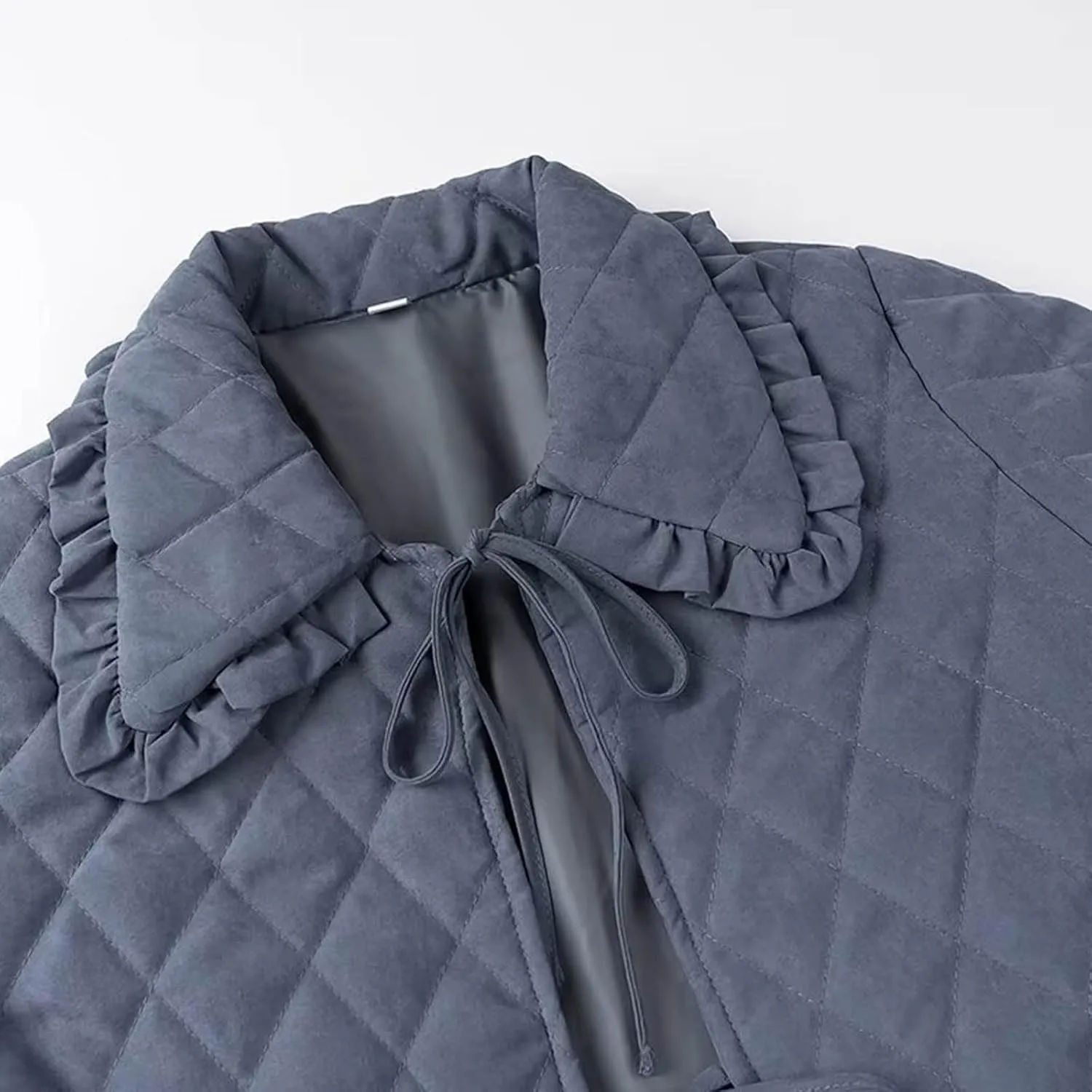 Oplxuo Women's Tie Front Quilted Jackets Cute Ruffle Lapel Cotton Padded Coat Long Sleeve Jacket Winter Puffy Outwear