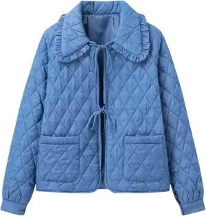 Oplxuo Women's Tie Front Quilted Jackets Cute Ruffle Lapel Cotton Padded Coat Long Sleeve Jacket Winter Puffy Outwear