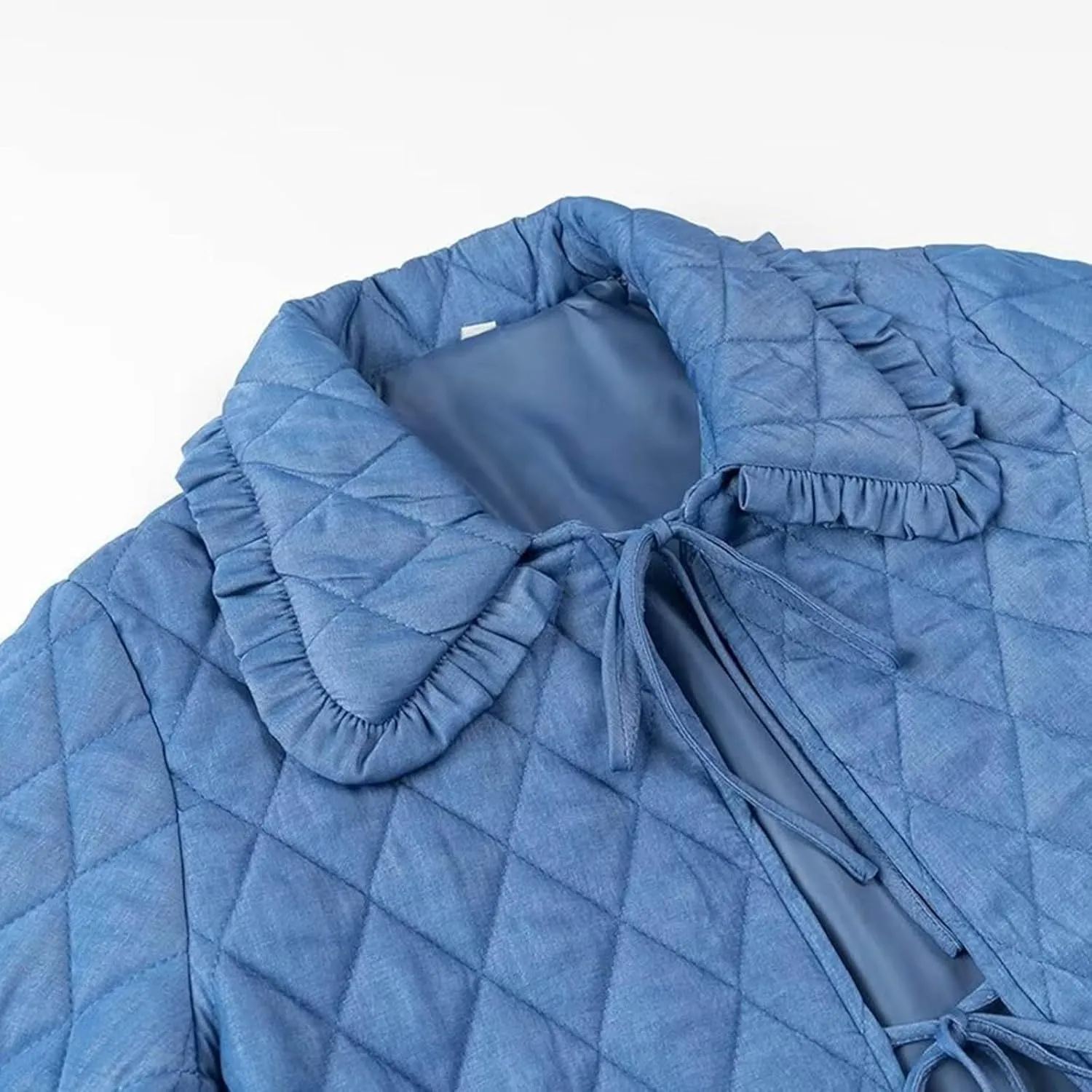 Oplxuo Women's Tie Front Quilted Jackets Cute Ruffle Lapel Cotton Padded Coat Long Sleeve Jacket Winter Puffy Outwear
