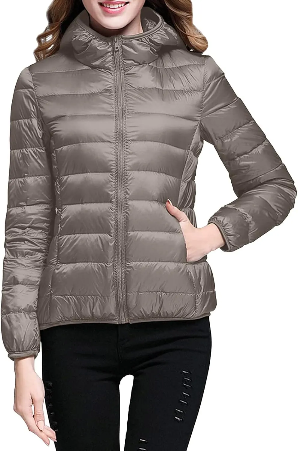 Packable Down Jacket Womens Lightweight Winter Duck Down Jackets Slim Fit Bubble Coat Zipper Warm Puffer Jacket with Hood