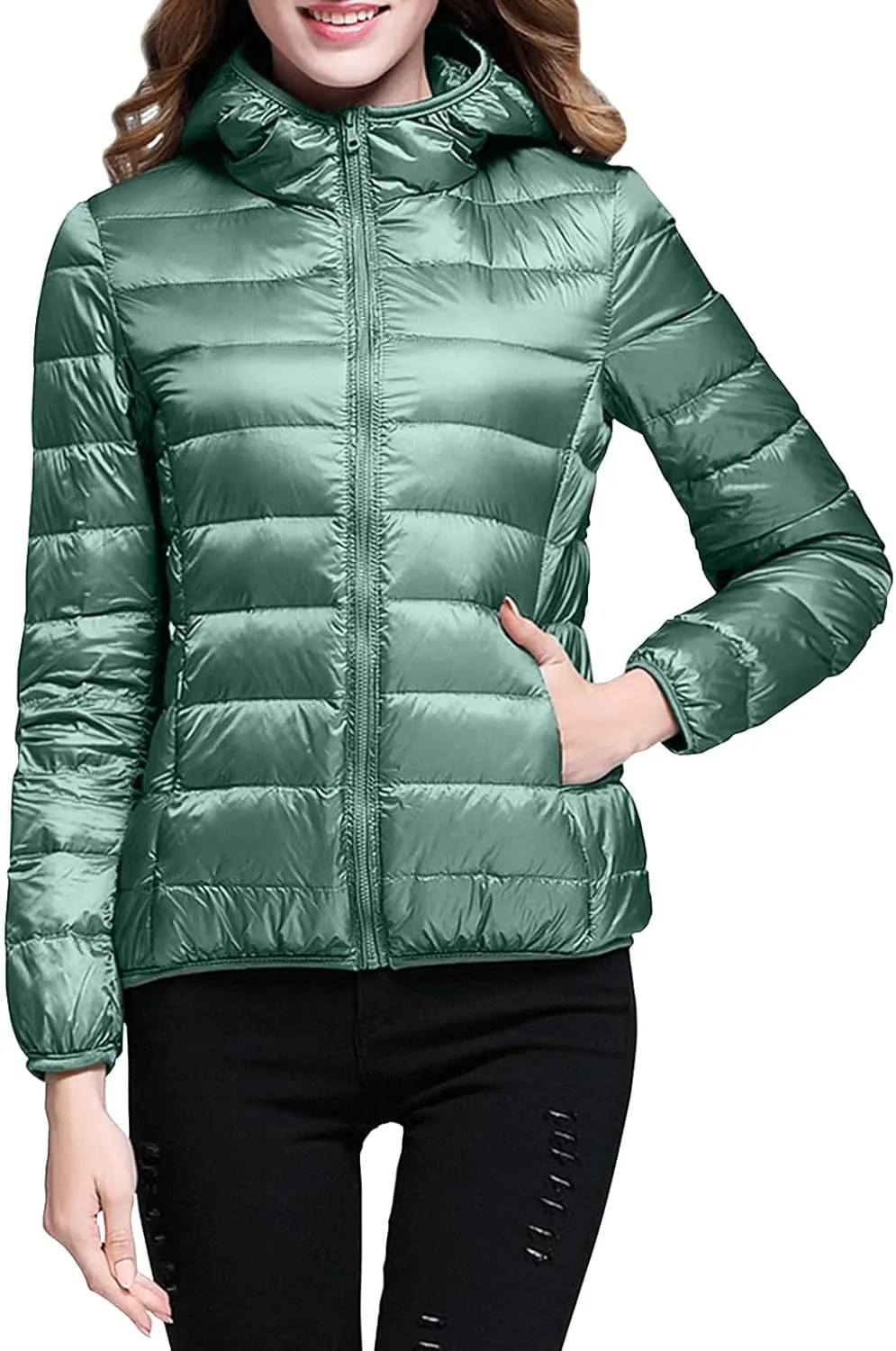 Packable Down Jacket Womens Lightweight Winter Duck Down Jackets Slim Fit Bubble Coat Zipper Warm Puffer Jacket with Hood