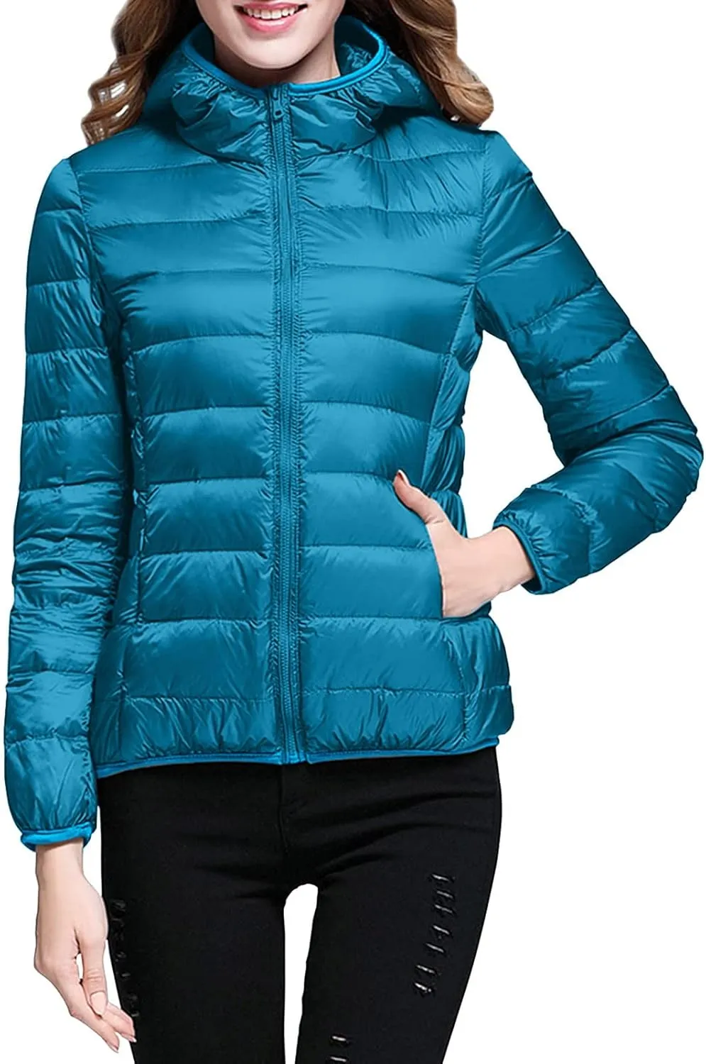 Packable Down Jacket Womens Lightweight Winter Duck Down Jackets Slim Fit Bubble Coat Zipper Warm Puffer Jacket with Hood
