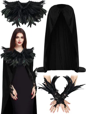 Patelai Gothic Black Feather Set Feather Shrug Cape Shawl, Cloak, Feather Lace Long Gloves Black Witch Costume for Halloween Gothic Feather Costume