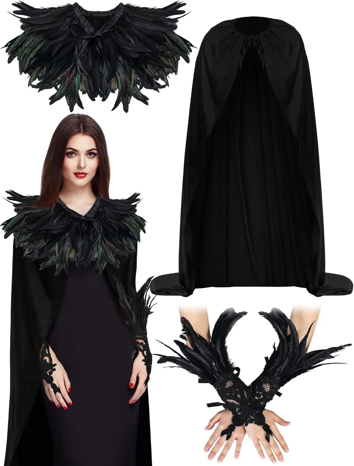 Patelai Gothic Black Feather Set Feather Shrug Cape Shawl, Cloak, Feather Lace Long Gloves Black Witch Costume for Halloween Gothic Feather Costume