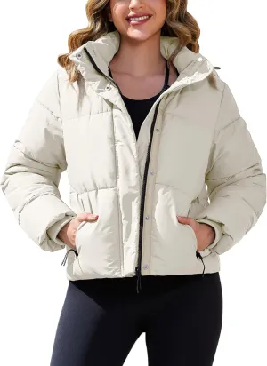 PEHMEA Women's Winter Cropped Puffer Jacket, Full Zip Thicken Short Coat with Detachable Hood