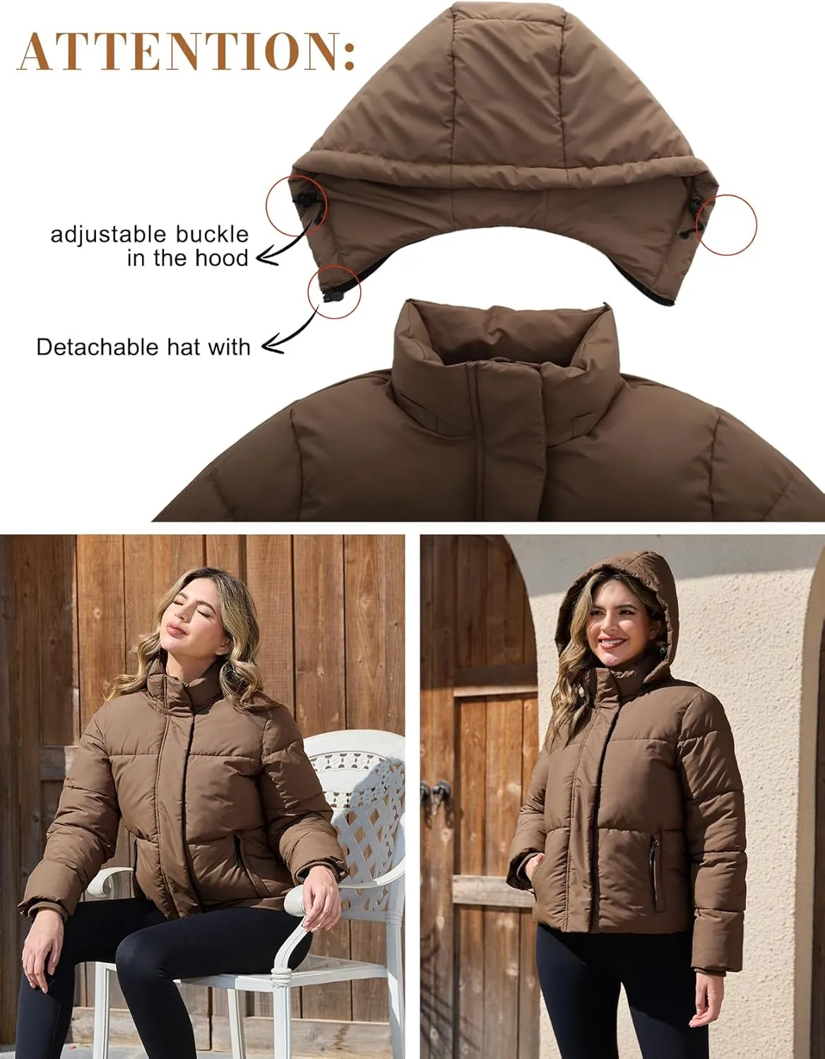 PEHMEA Women's Winter Cropped Puffer Jacket, Full Zip Thicken Short Coat with Detachable Hood