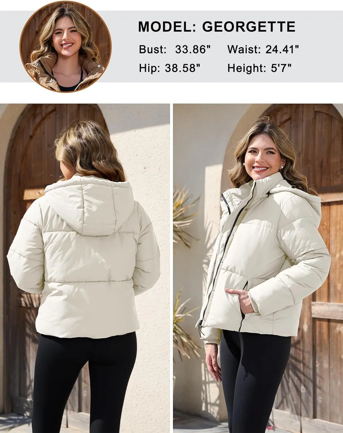 PEHMEA Women's Winter Cropped Puffer Jacket, Full Zip Thicken Short Coat with Detachable Hood