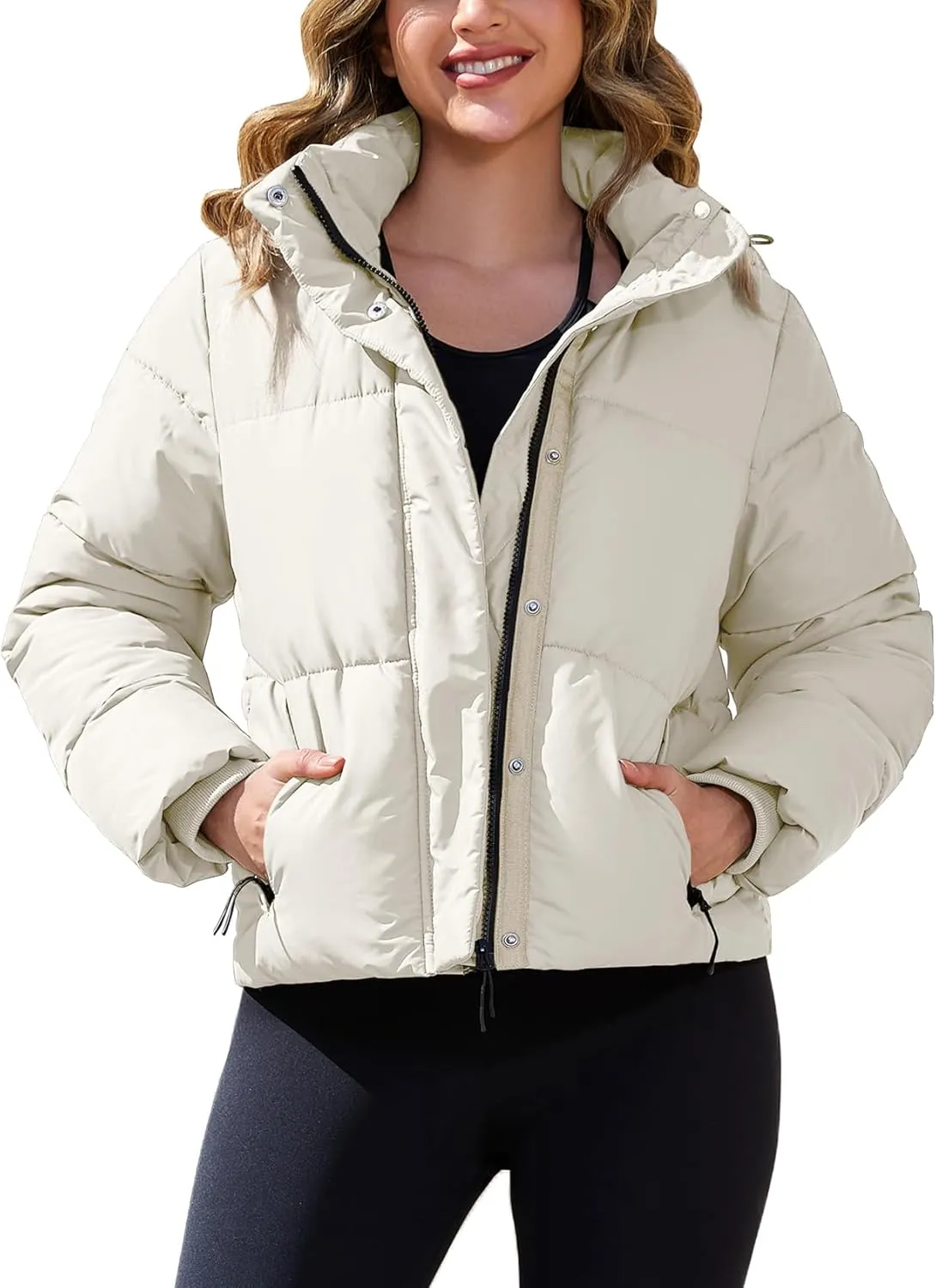 PEHMEA Women's Winter Cropped Puffer Jacket, Full Zip Thicken Short Coat with Detachable Hood