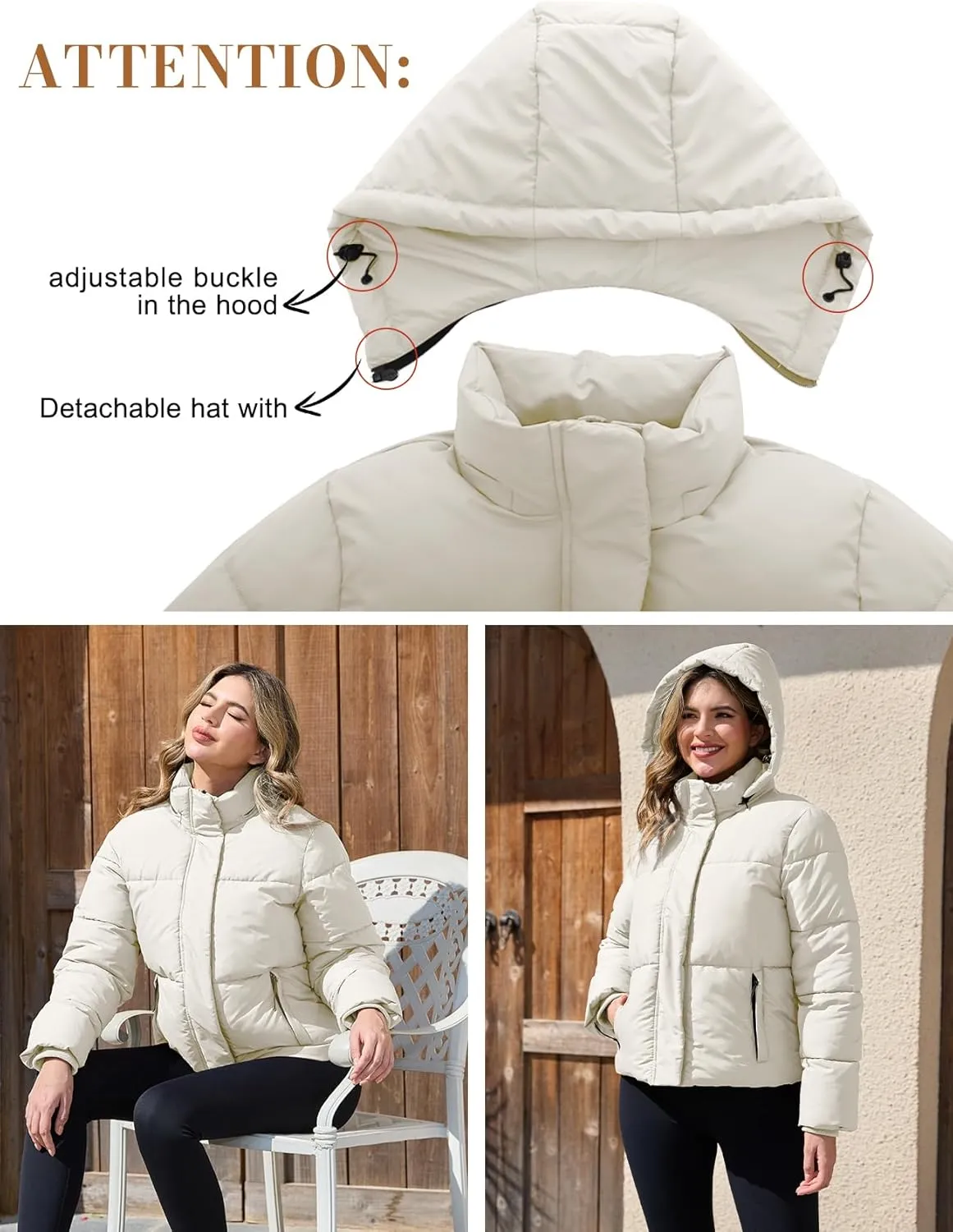 PEHMEA Women's Winter Cropped Puffer Jacket, Full Zip Thicken Short Coat with Detachable Hood